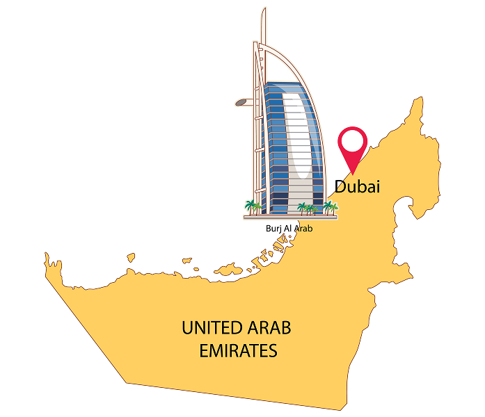 Kort over De Forenede Arabiske Emirater med Dubai fremhævet